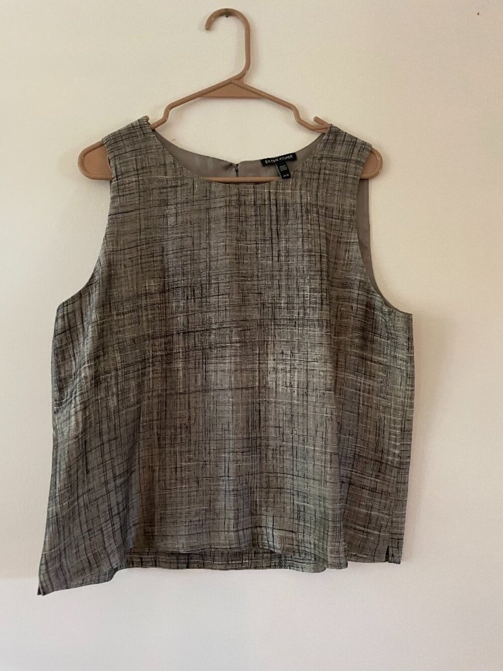 Eileen Fisher Grey Black Silk Tank Camisole Print 100% silk size M